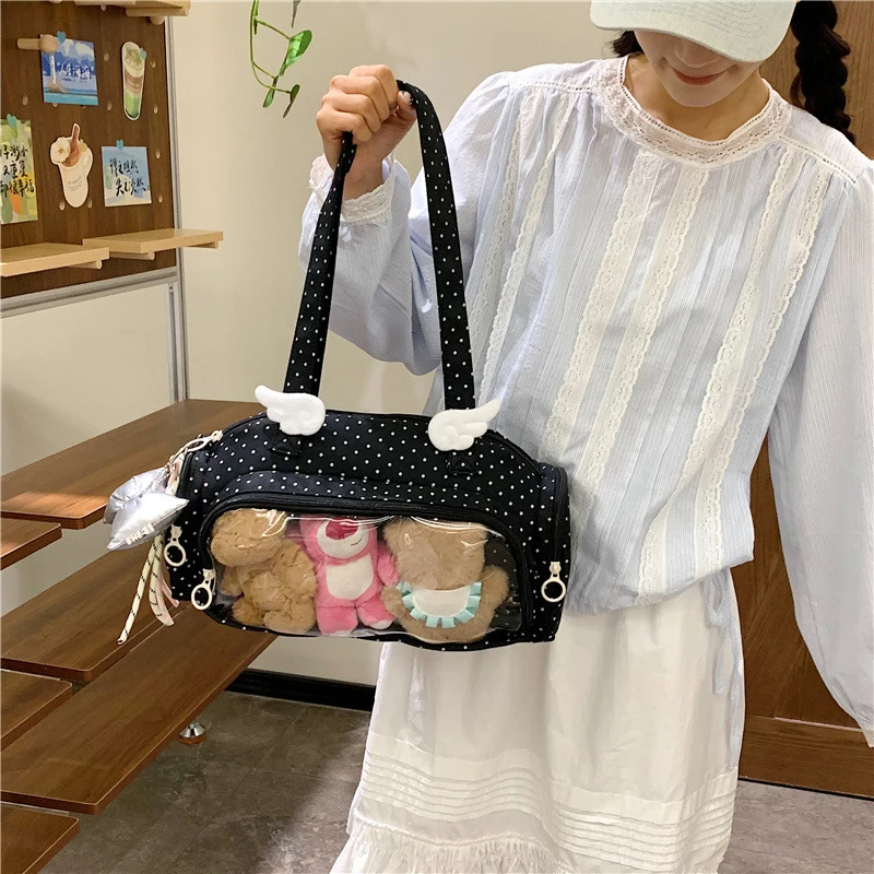 Angel Wings Ita-Tasche mit transparentem Sichtfenster, Damen-Umhängetasche im japanischen Stil, vielseitige Polka-Dot-Handtasche für den täglichen Pendelverkehr – Detail 9