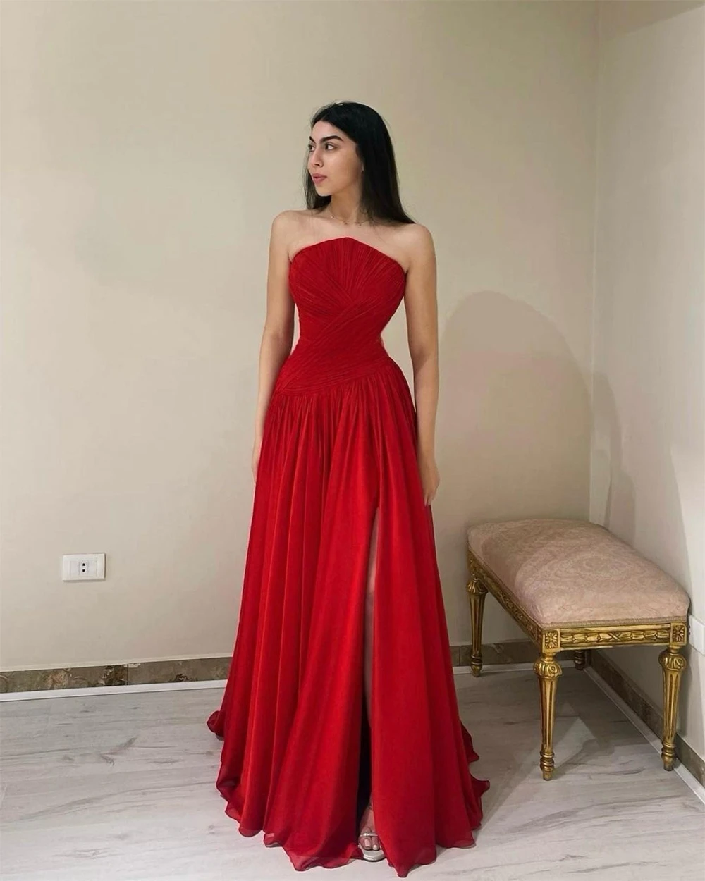 Customized  Elegant Strapless A-line Celebrity  Fold Draped Chiffon Occasion Evening Gownrobe femme soiréeفساتين سهره نسائيه فخ