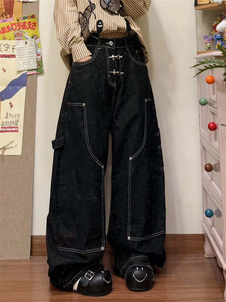 Women's Metal Buckle Black Jeans Casual Pants Y2k Unisex High Waisted Sweatpants Retro Bottoms Women Female Wide Leg Trousers