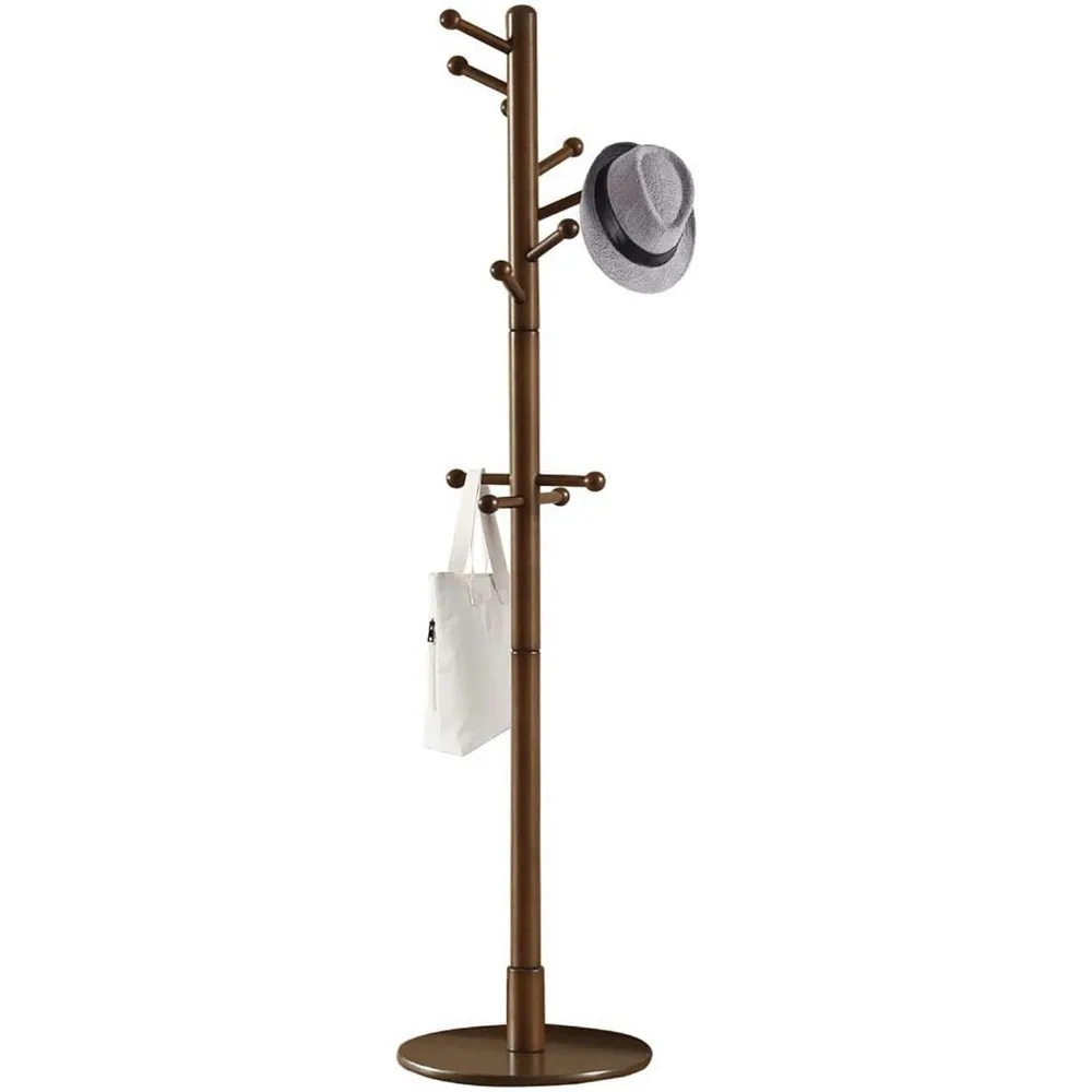 Freestanding wooden coat rack, wooden hall tree clothes hanger, 11 hooks, round base, 3 adjustable heights for hats, clothes