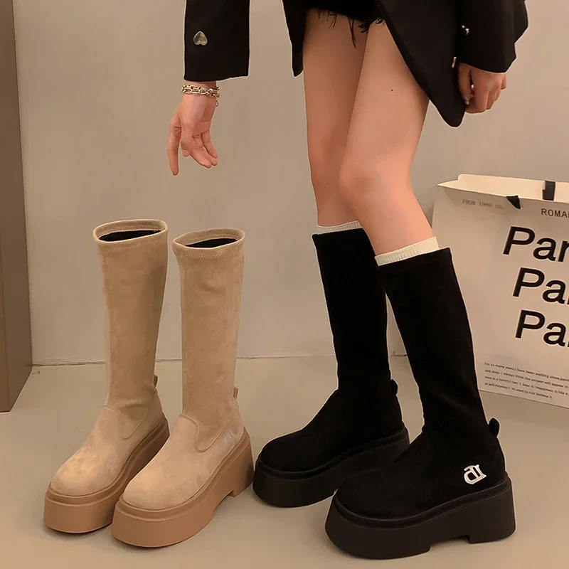 Stretch Women Knee High Boots Fashion Slip On Shoes Autumn Winter Platfrom Flats Ladies Knight Long Booties