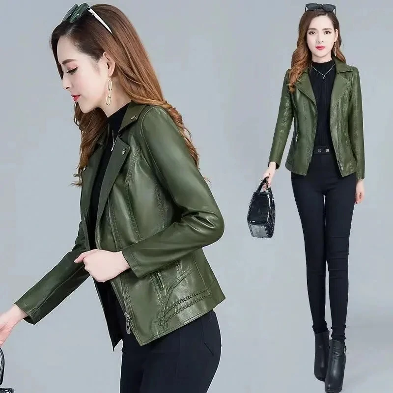 Hot Selling Women's PU Leather Coat 2023 Autumn New Zipper Faux Leather Windbreaker Short Jacket Middle Aged Mother Overcoat 6XL