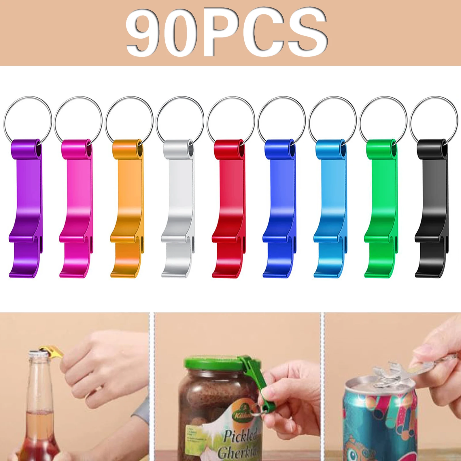 

90Pcs Aluminum Beer Bottle Openers Metal Keychain Bottle Opener Soda Keyring Tool for Kitchen Music Festival Wedding Party