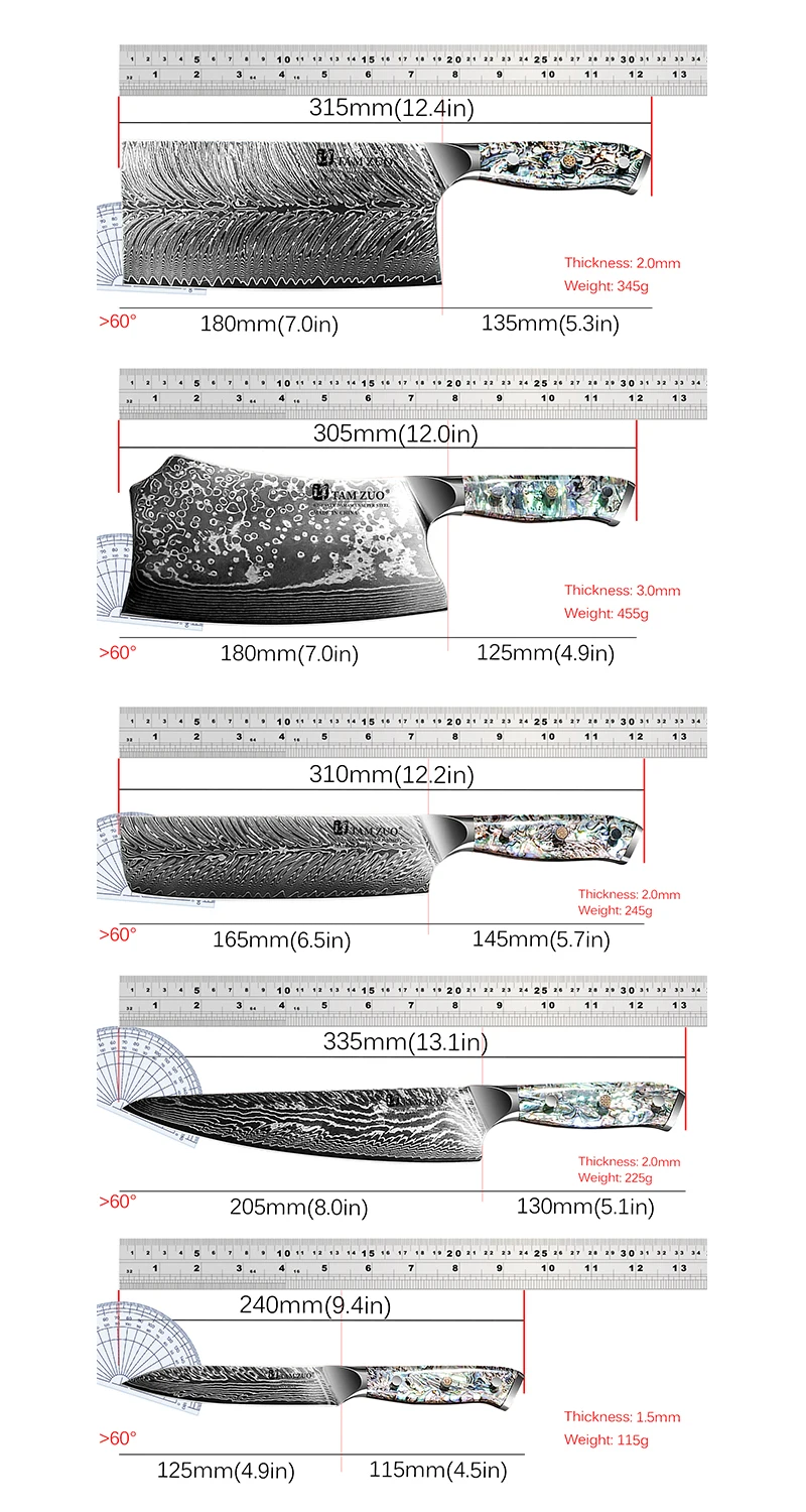 TAMZUO 67 Layer Damascus Steel Kitchen Knives Set Abalone Handle Sharp Meat Cleaver Boning Knife Practical Kitchen Cutting Tools