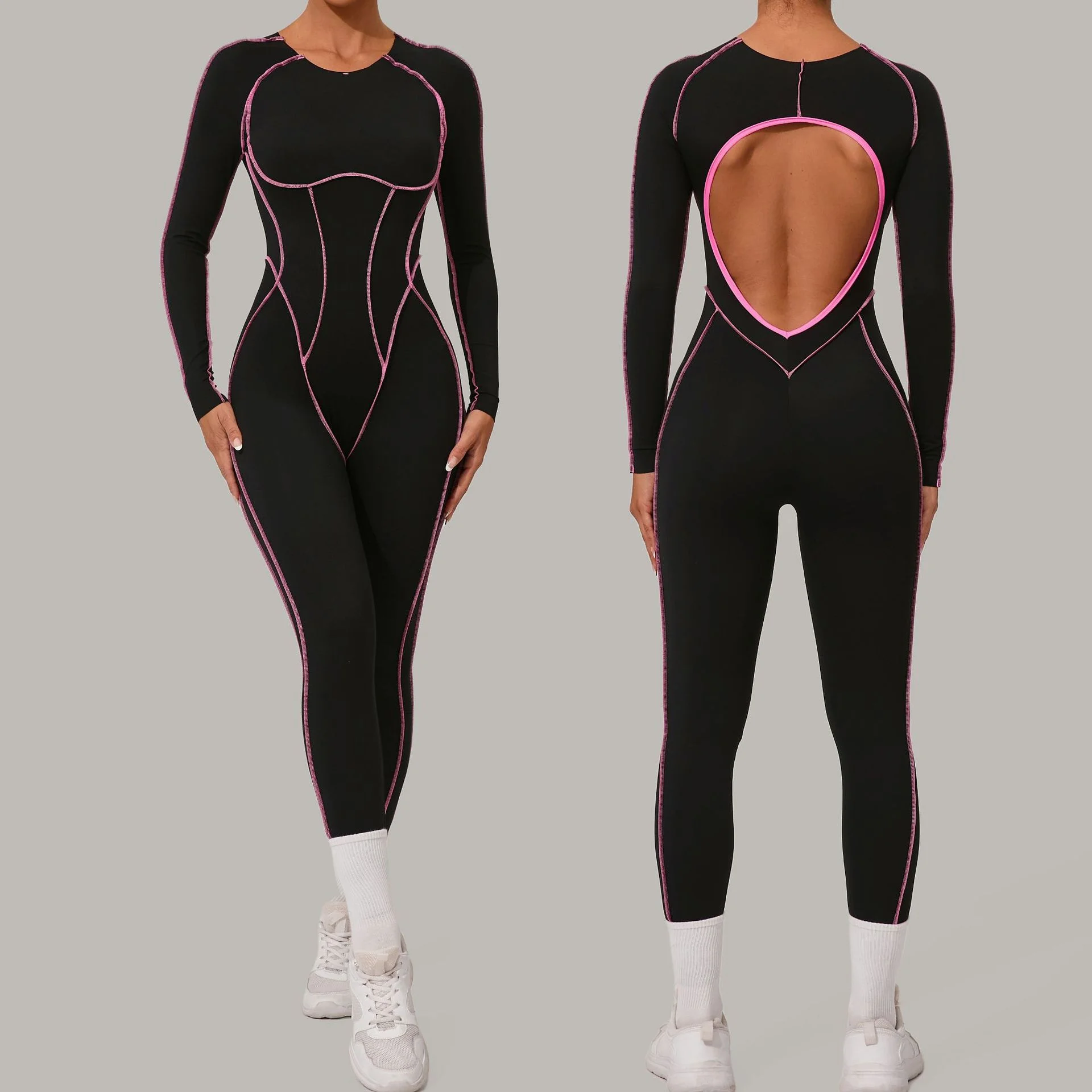 

European and American 3D Tailored Color-block Long-sleeve Yoga Bodysuit, High-intensity Fitness Workout Tight One-piece