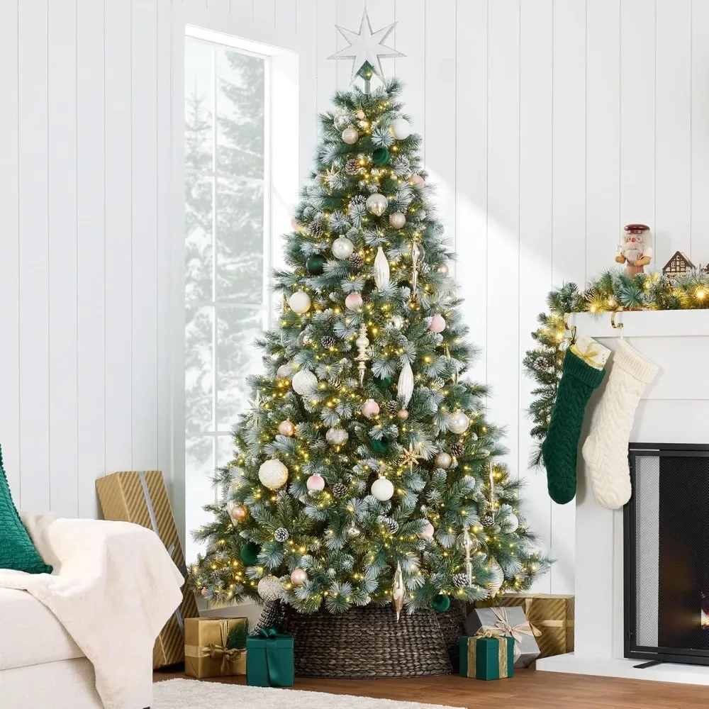 Pre-Lit Scotch Pine Christmas Tree, Premium Frosted Pre-Decorated Artificial Holiday Decor w/ 2,020 Branch Tips, 2-in-1 White