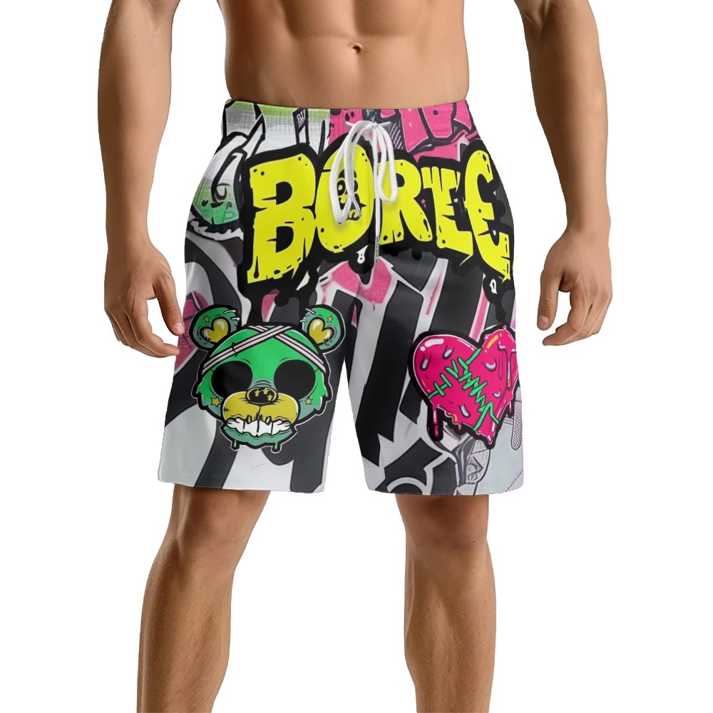 Borice Bear Love Lightning Graffiti Pattern, adecuado para uso diario, tendencia informal, pantalones cortos deportivos de playa con cordón para hombre de verano