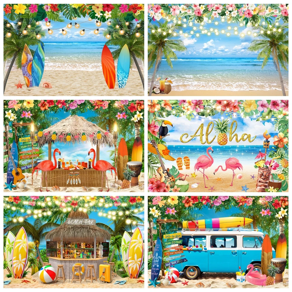 Summer Beach Hawaiian Backdrop Seaside Tropical Hawaii Luau Aloha Flamingo Baby Birthday Holiday Party Photography Background