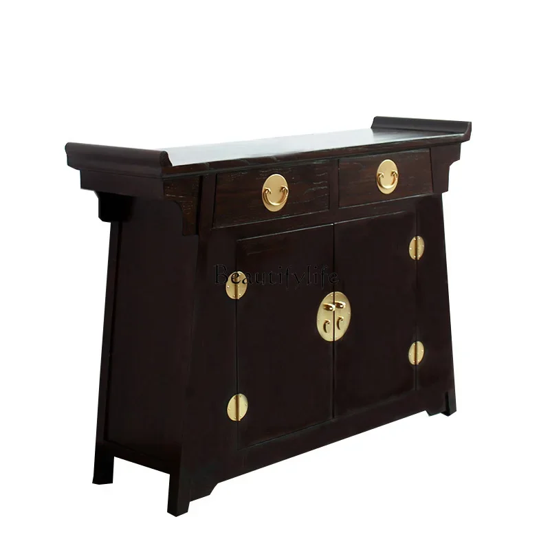 1*Modern New Chinese Style Old Elm Hall Entrance Cabinet Black Walnut Warped Head Solid Wood Shoe Cabinet