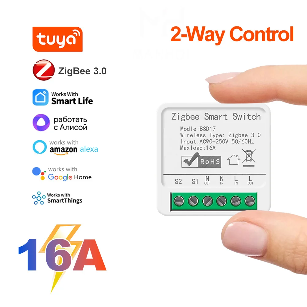 ZigBee 3.0 Smart Switch Tuya 16A Automation DIY Light Switches Module Supports 2 Way Control Smart Life for Alexa Google Home