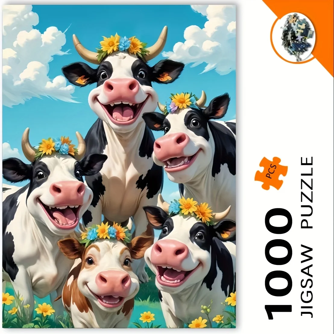 

1000 шт., головоломка Happy Bull Family Cow с головным убором с цветочным венком-яркие смешанные цвета, портативное прямоугольное искусство для взрослых, DI