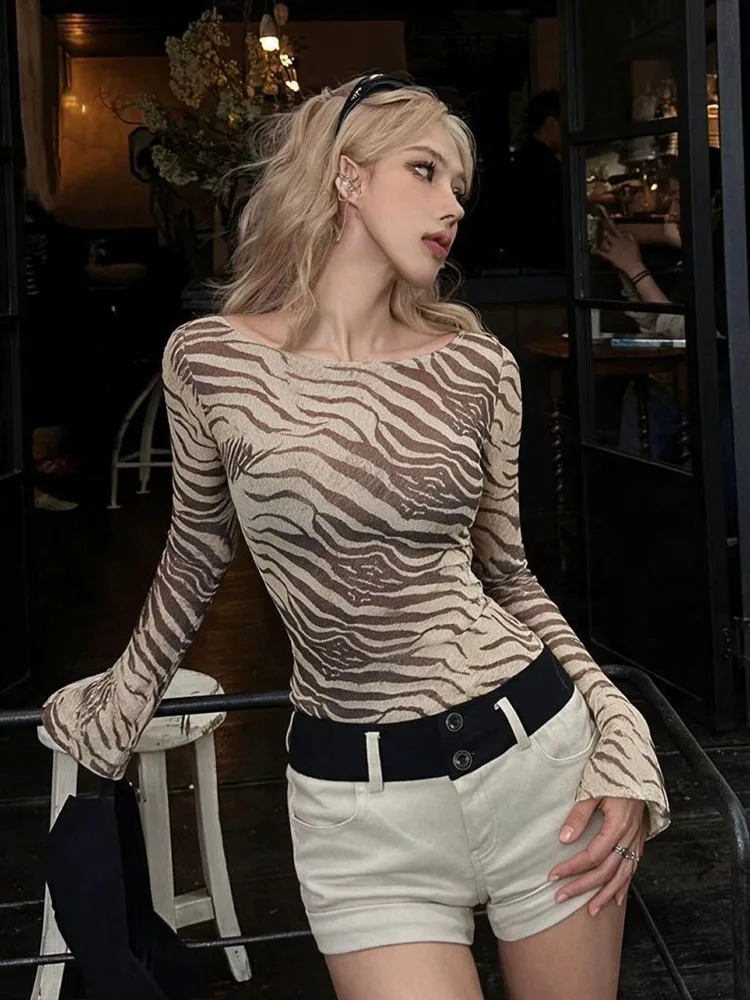 2026 New Women Zebra Print Mesh Blouse Boat Neck Long Flare Sleeve Slim Fit Casual Top Summer Autumn Fashion T-Shirt