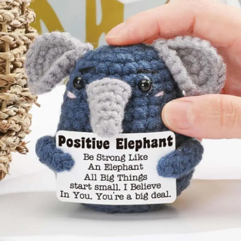 Positive Crochet Elephant Doll Hand-crocheted Energy Emotional Support Elephant With Positive Card Tabletop Ornaments