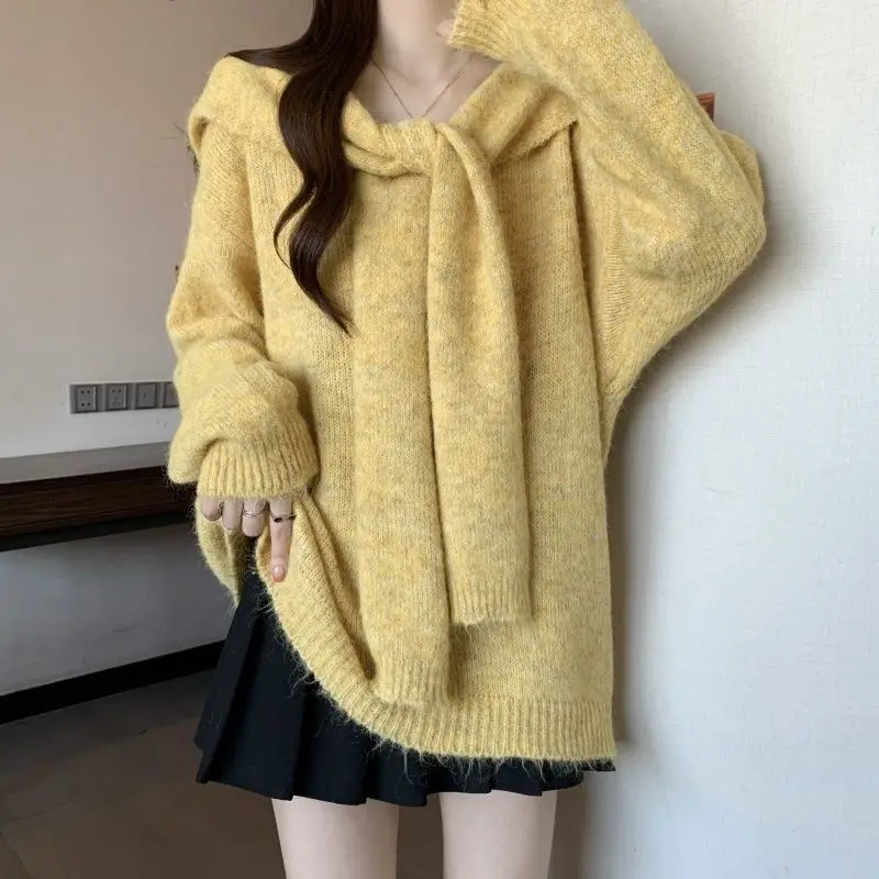 Pullover coreani con colletto alla marinara con scialle casual lavorato a maglia autunno inverno moda fasciatura abbigliamento da donna maglioni larghi a maniche lunghe