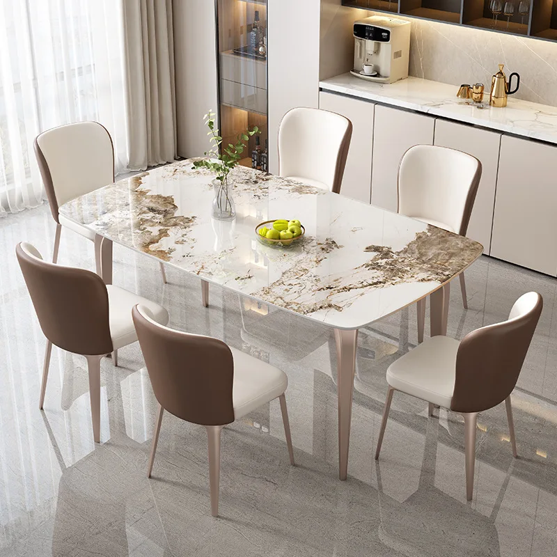 

Light luxury bright rock slab dining table and chair combination square furniture modern simple rectangular