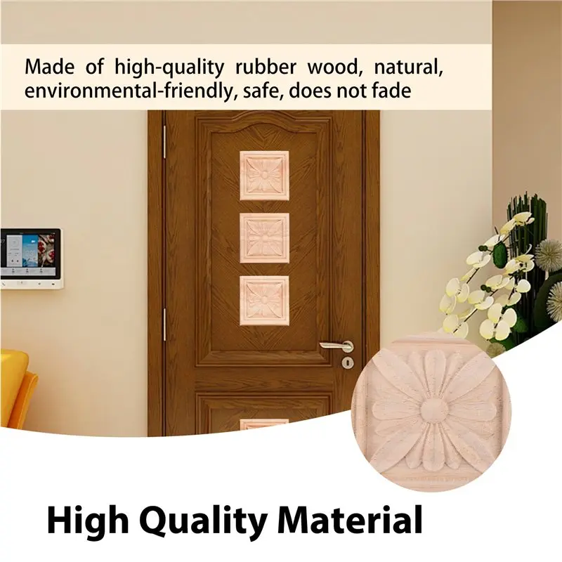 A51M-8Pcs Wood Carved Applique Onlay Carving Checkered Unpainted Flower Pattern Decal For Cabinet Door Furniture Decoration