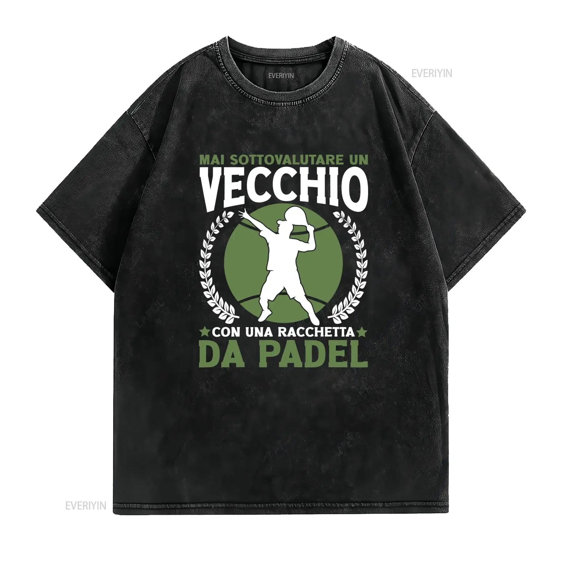 Maglietta da Padel Tennis Uomo Nera con Stampa Verde e Bianca sul Retro Girocollo Casual Vestibilità Regolare Taglia H vintage