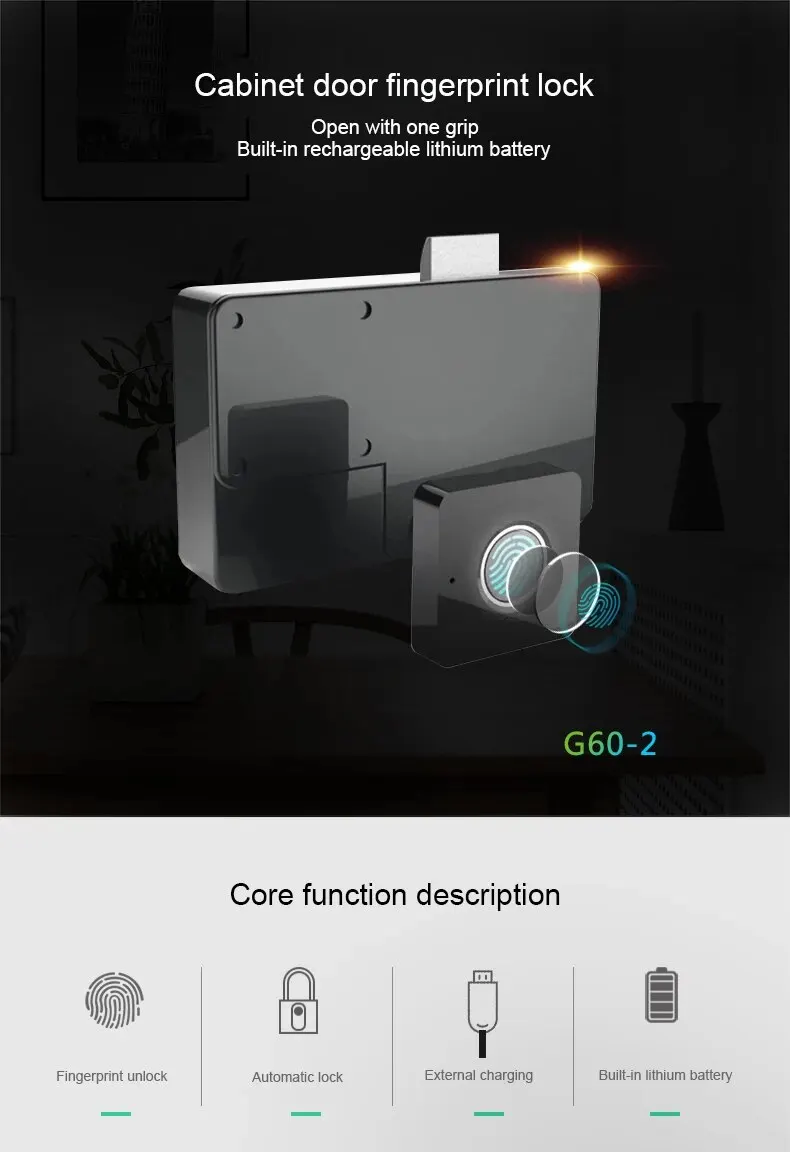 Rechargable Battery Fingerprint Identification Drawer Cabinet Lock 2nd Generation Chip Smart Furniture Lock