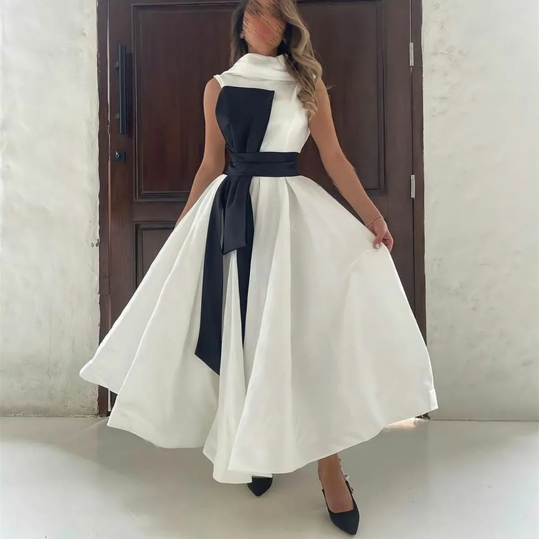 Vintage Short Satin Evening Dresses A-Line Puffy فساتين السهرة White Prom Dresses Robes de soirée Tea Length Party Dresses