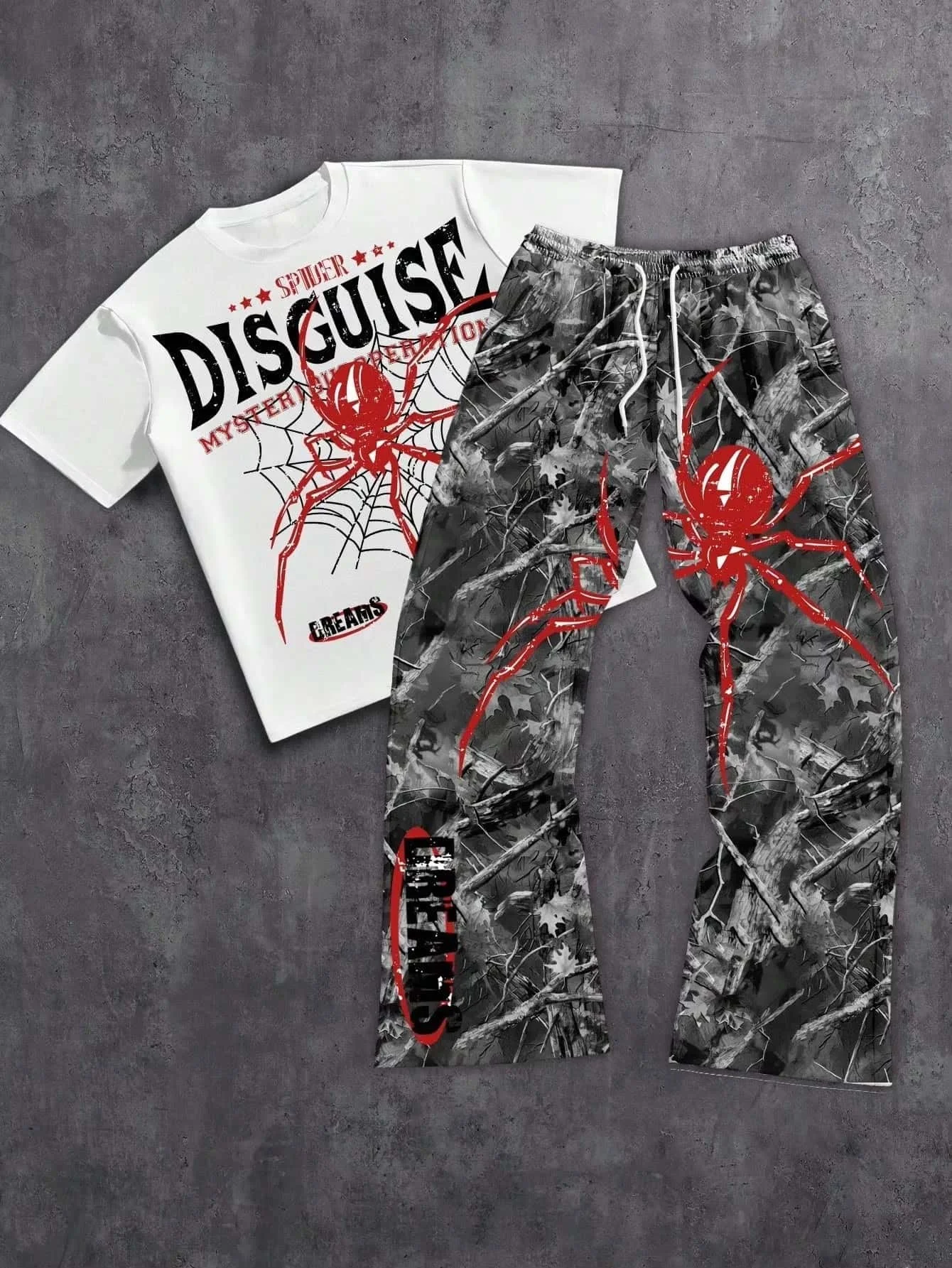 Gothic Style Spider Print Set, Retro Short Sleeved T-shirt, Tree Patterned Camouflage Wide Leg Pants Two-piece Set