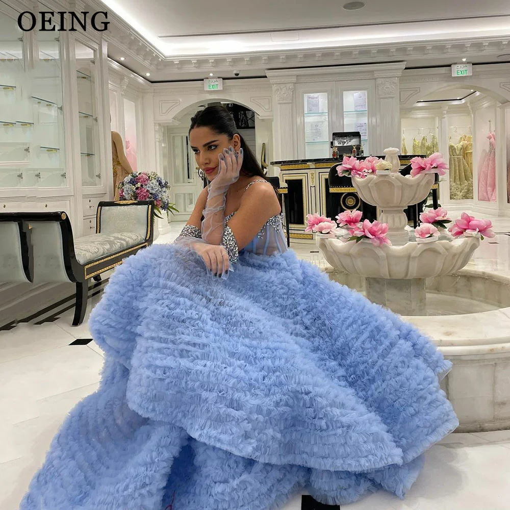 OEING Sparkly Evening Dress Glitter Princess Spaghetti Strap Tulle Tiered Blue Prom Dresses Elegant Formal Occasion Party Gowns