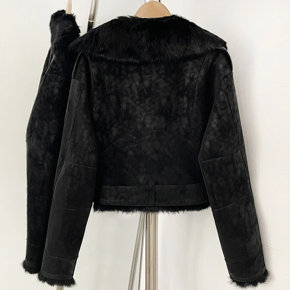 OFTBUY Neuer Winter-Pelzmantel für Damen, Kurze Motorradjacke, Wildleder, Echtes Kaninchenfell, Großer Pelzkragen, Gürtel, Vintage-Kleidung – Detail 12