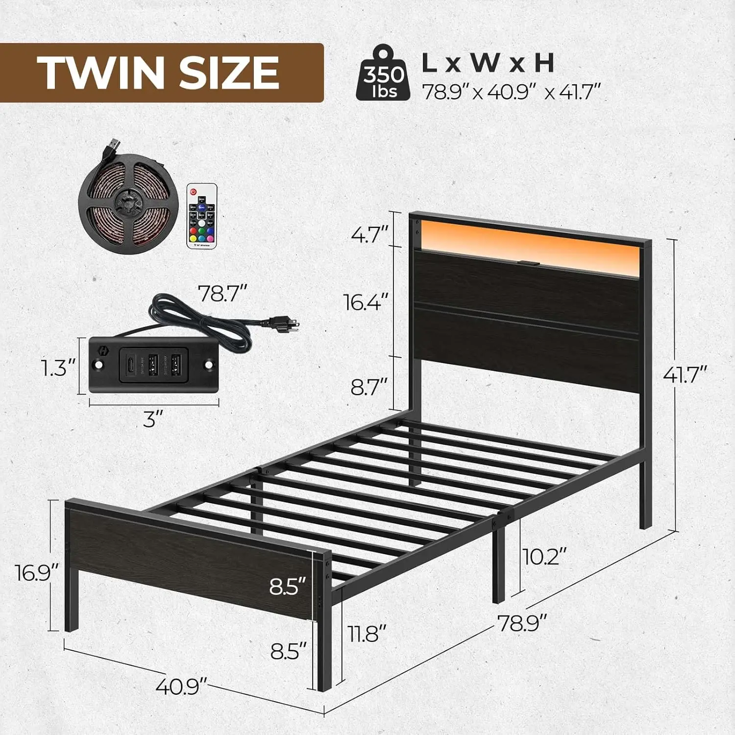 Bed Frame with Charging Station, Twin Bed with LED Lights Headboard, Metal Platform, Strong Metal Slats, 10.2” Under Bed Storage