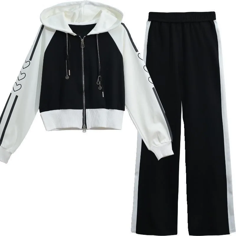 ผู้หญิงสบายๆ Sporty Heart Patchwork Hooded Coats กางเกง 2 ชิ้นชุดเลดี้ฤดูใบไม้ผลิฤดูใบไม้ร่วงสั้นซิปแจ็คเก็ตกางเกงชุด