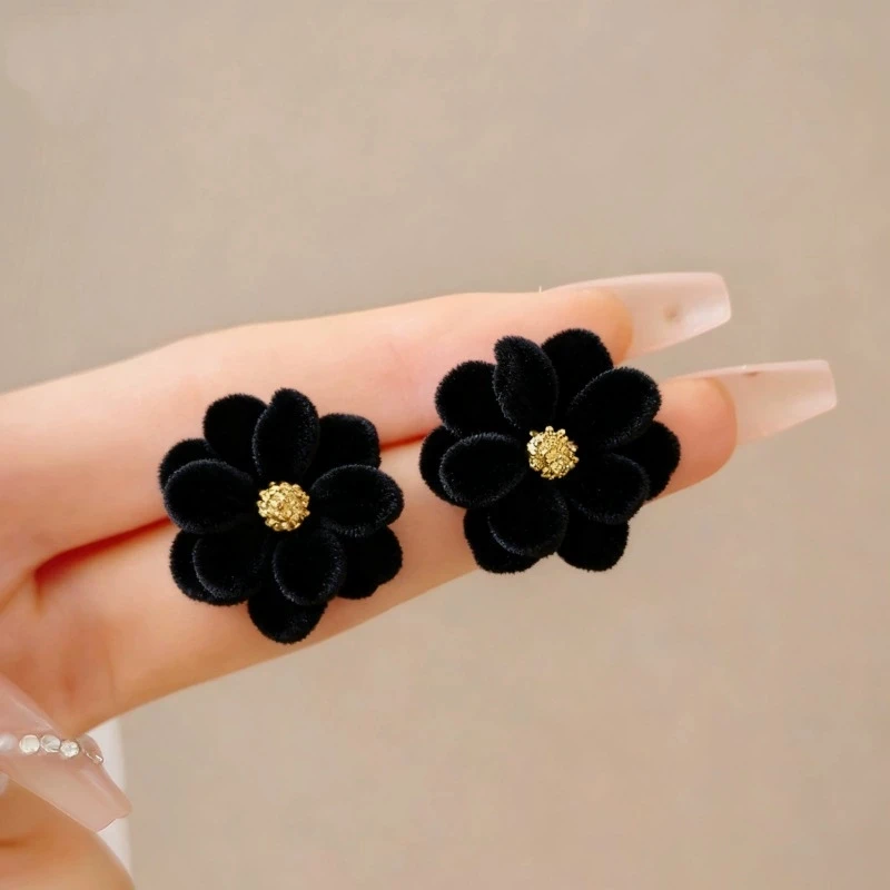 2026 New Retro Red Plush Flower Earrings for Women Black French Stud Earrings Trendy Temperament Jewelry Wholesale Accessories