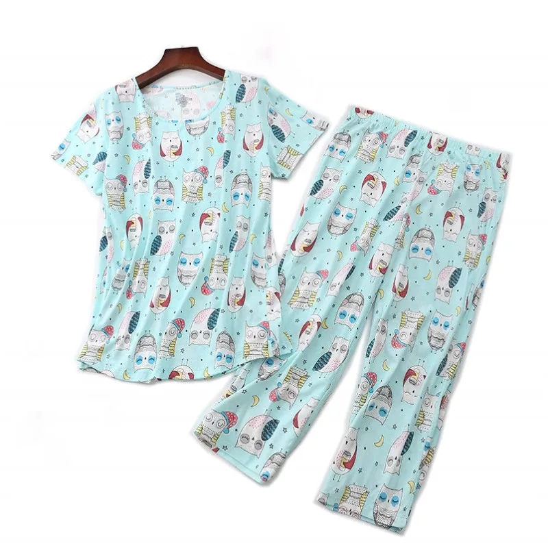 Ensembles de pyjama de dessin animé décontracté pour femmes, vêtements de nuit en coton doux pour dames, chemise à manches courtes imbibée, pantalon longueur mollet, été 2024