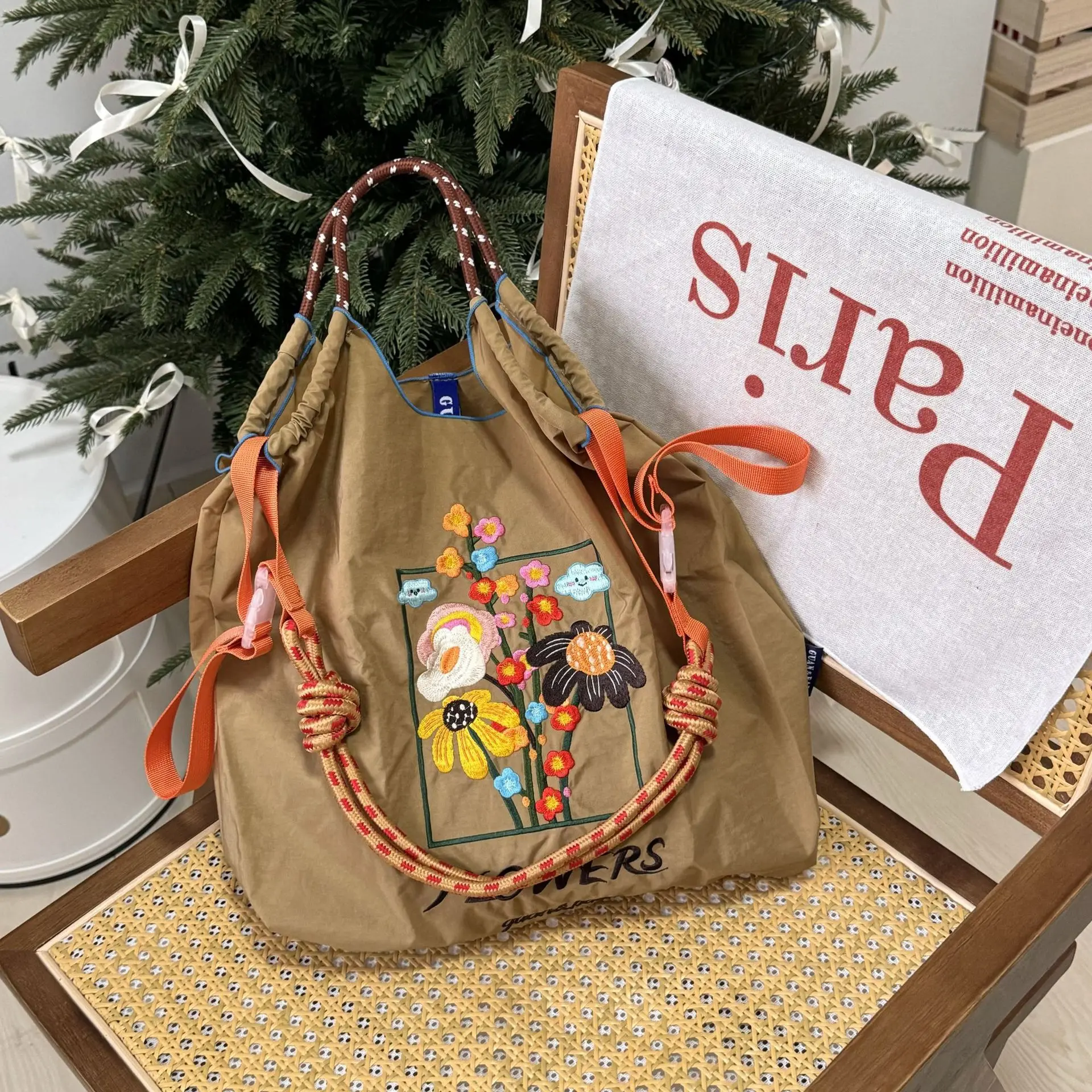 New Kawaii Eco-Friendly Bag Embroidered Nylon Anime Large Capacity Shopping Bag Flower Series Handheld Shoulder Bag Gifts