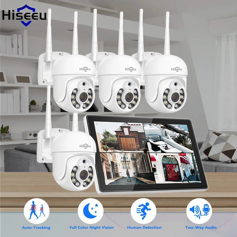 Hiseeu, sistema di videosorveglianza con monitor da 10,1" e 3/5MP, NVR a 10 canali, telecamere IP, rilevamento di persone, audio bidirezionale, tracciamento automatico, visione notturna a colori, kit