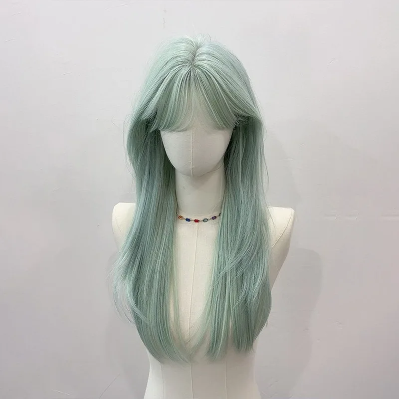 Hortelã verde peruca feminina divisão octogonal franja longo cabelo reto simulação natural peruca diária festa lolita cosplay peruca