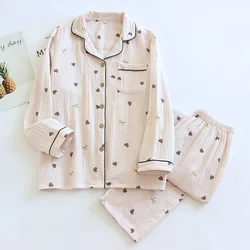 2026 New Spring/Summer Women's Pajama Set 100% Cotton Crepe Cute Love Long Sleeve Long Pants Two Piece Set Cardigan Home Clothes