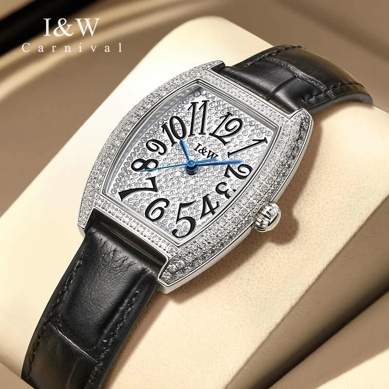 I&W Fashion Tonneau Watches for Women Imported Quartz Movement Women Watch Diamonds Bezel Leather Strap Waterproof Reloj Mujer