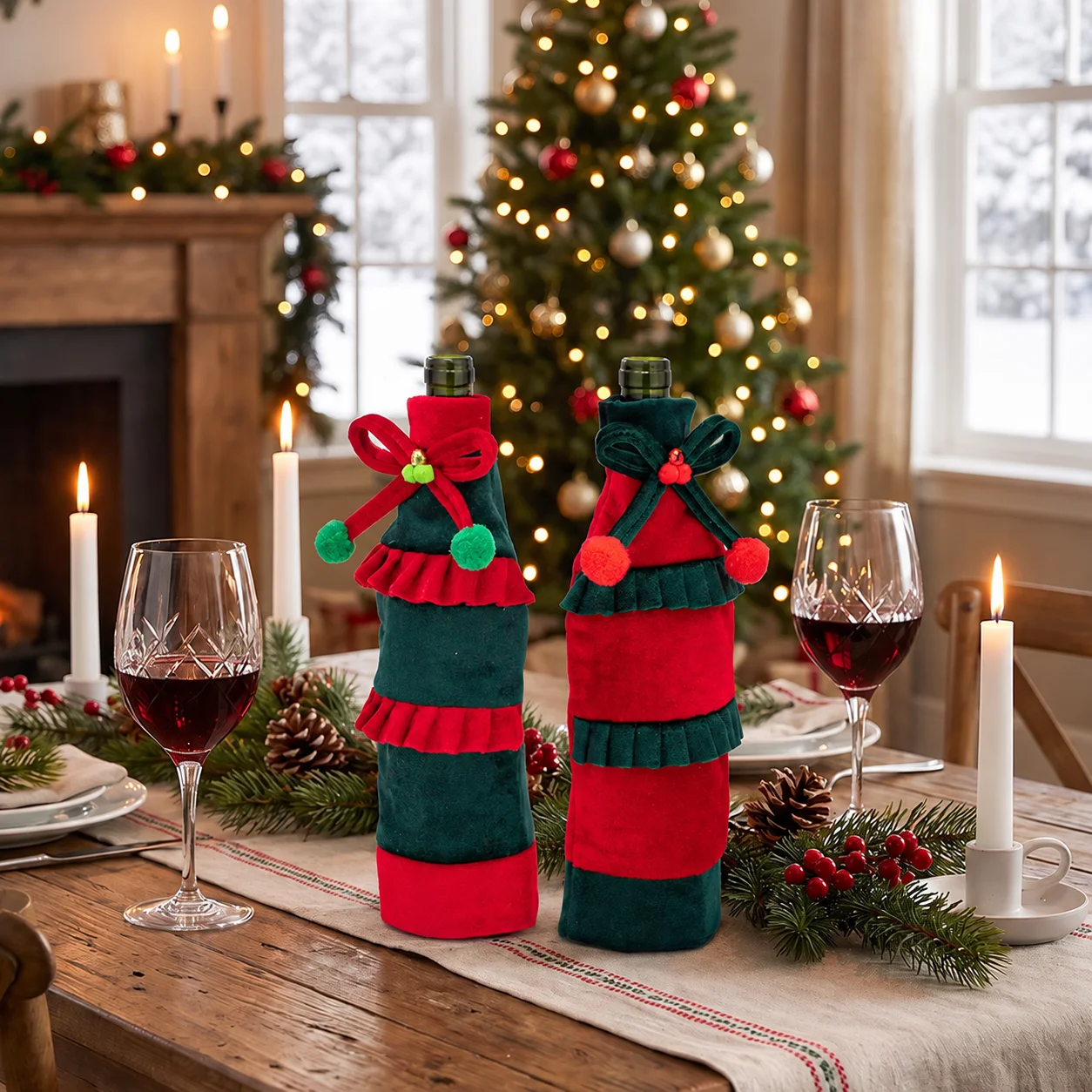 Table Decor Wine Bottle Cover Ruffled Wine Bottle Cover Christmas Wine Bottle Cover Contrast Color For Holiday Parties Christmas
