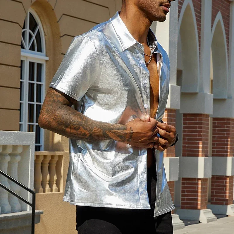 Mens Fashion Shirts Short-sleeved Button-up Lapel Solid Color Bright Shirt Tops Men Summer Party Fashion Nightclub Shirts Male