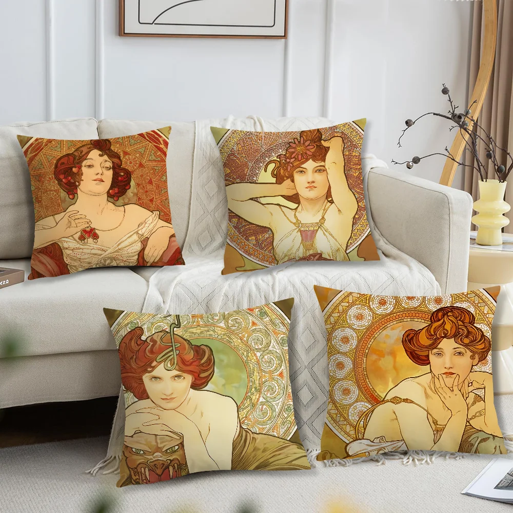 Art Alphonse Mucha illustration cushion For Bedroom Car Coffee Shop Room Soft and Living Room Sofa Decorative Pillow Cover Case