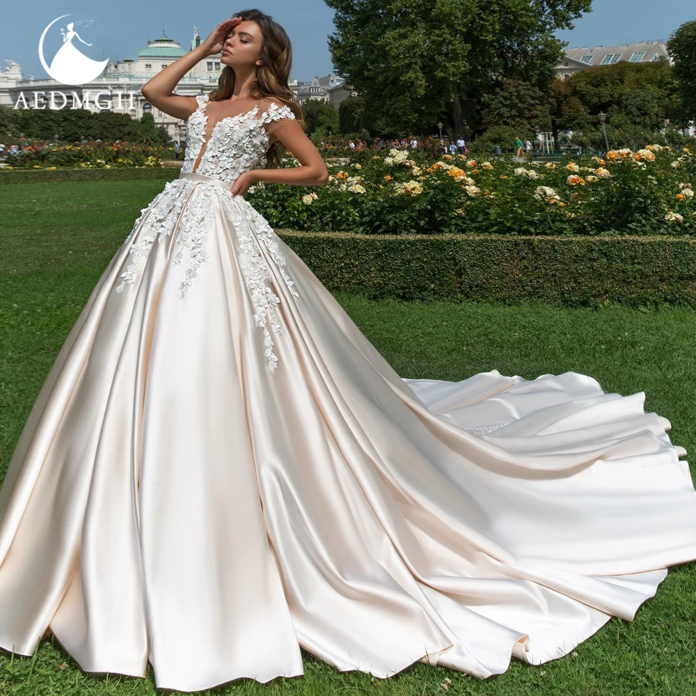 

Aedmgh A-Line Romantic Wedding Dresses 2024 Sweetheart Cap Sleeve Vestido De Novia 3D Flowers Appliques Satin Robe De Mariee