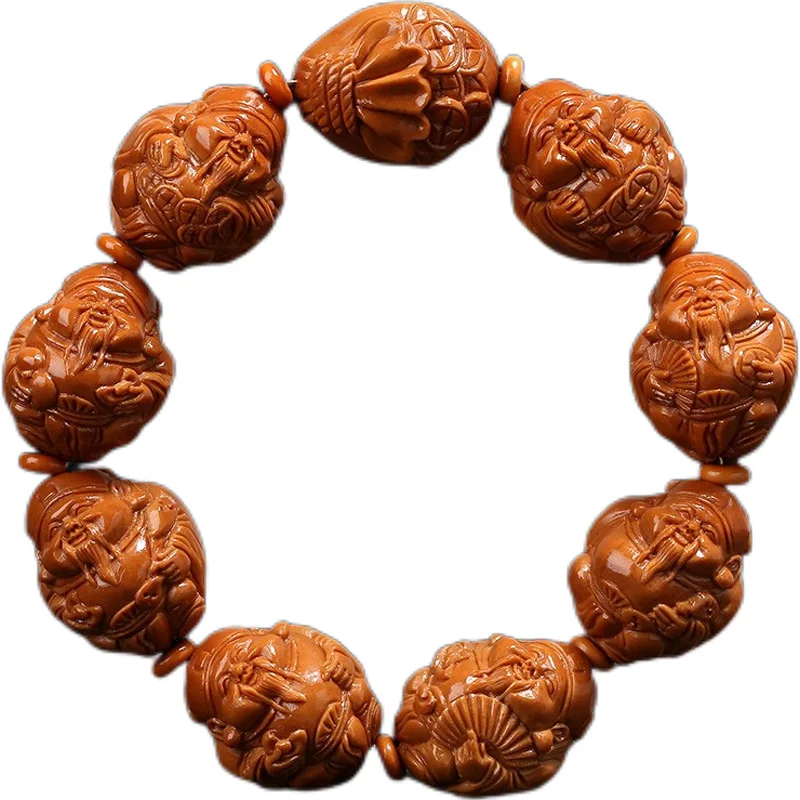 Large Seed Buddha Beads Olive Pit HandString Eight Wealth Gods Carved Olive Pit Mens Play Bracelet Lucky Fortune Blessing Wish