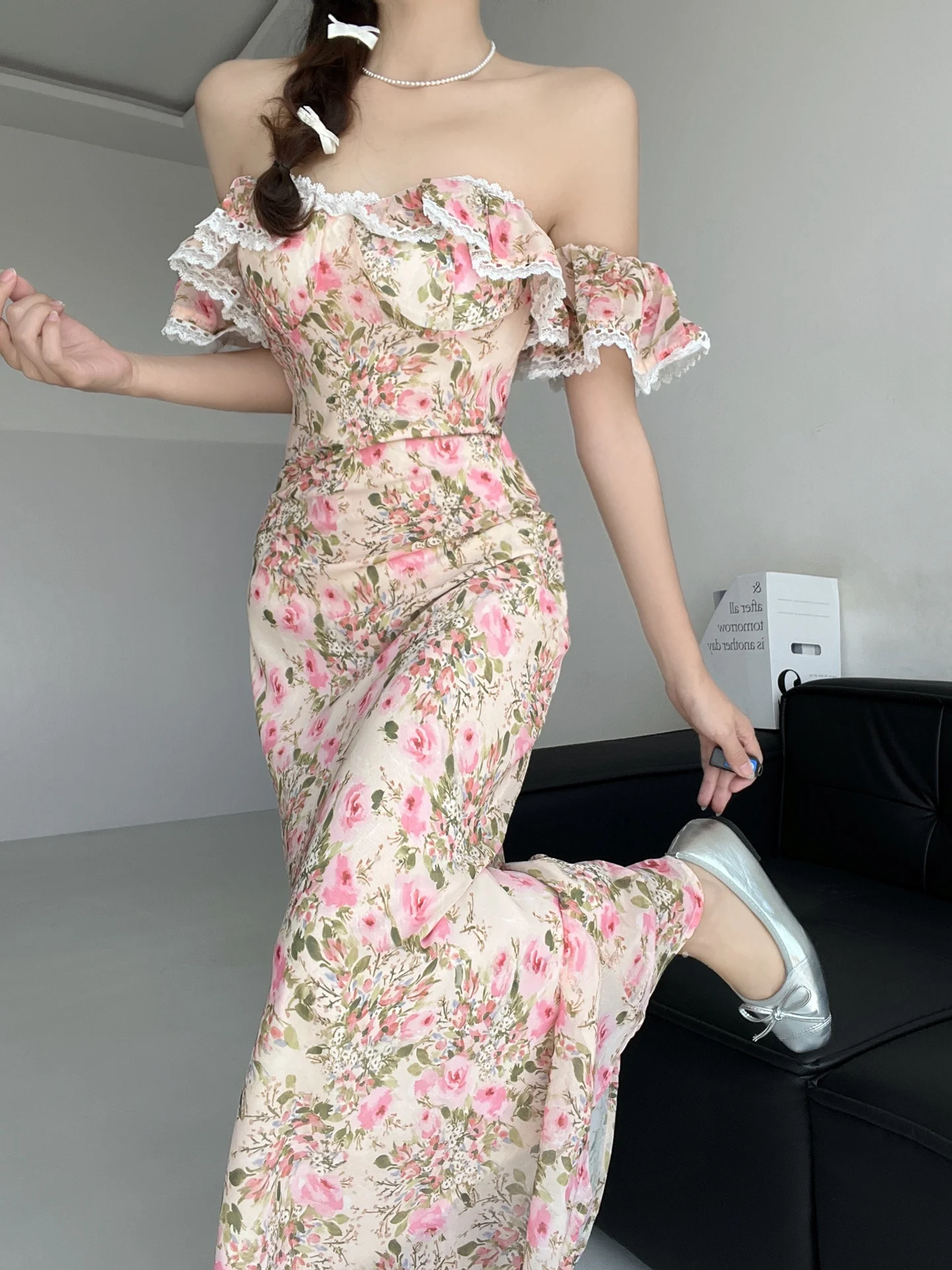 Romantico Seine River Side Tea Break Dr con esposizione Ba Vita alta Stampa floreale Vacanza Sle One oulder Dr