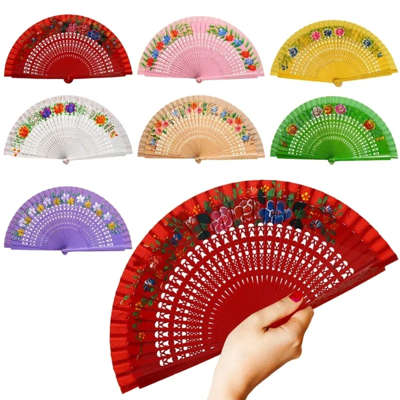 Women Vintage Spanish Folding Fan Double-Side Flower Painting Gypsy Hand Fan for Dance Festival Decoration