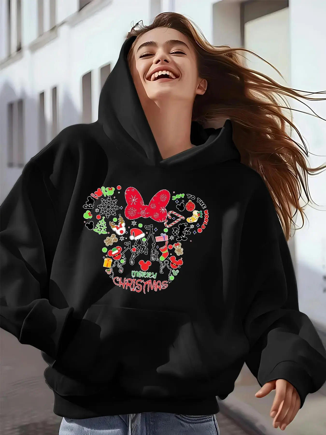 

Женские рождественские толстовки с Микки Маусом Disney, уличная одежда большого размера, толстовки унисекс, осенне-зимние флисовые повседневные универсальные