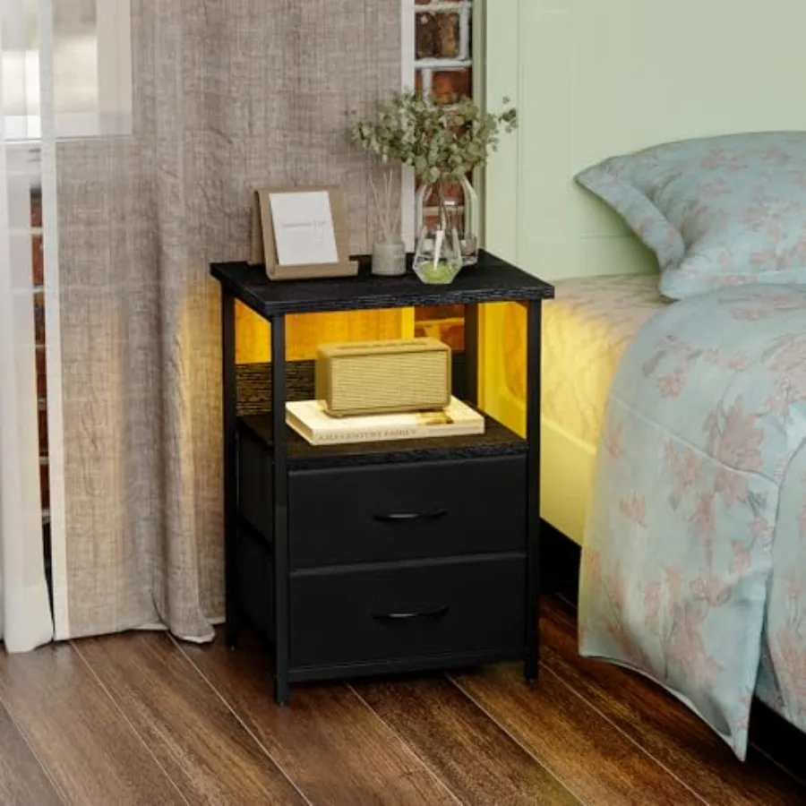 Nightstand Set of 2 Night Stand with Charging Station, LED Nightstand with Fabric Drawers, End Table with PU Finish, Bed Side T