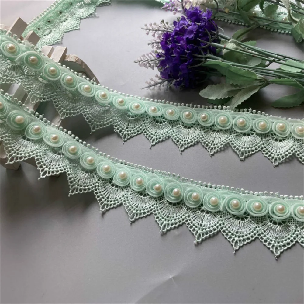 2 Yard Light Green Ribbon Plum Flowers Pearl Lace Trimmings Ribbons Beaded Lace Fabric Embroidered Sewing Wedding Dress Clothes