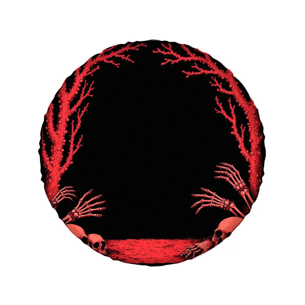 Gothic Dark Red And Black Skull Tree Pattern Polyester Tire Cover, Horror Style Spare Tire Cover For Cars, RVs, And Camping