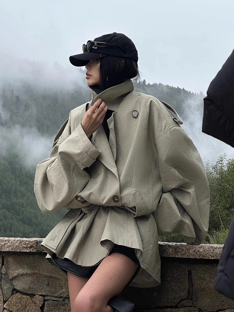 Lautaro Spring Autumn Oversized Trench Coat for Women Double Breasted Loose Casual Flowy Korean Fashion Clothes Overcoat 2025
