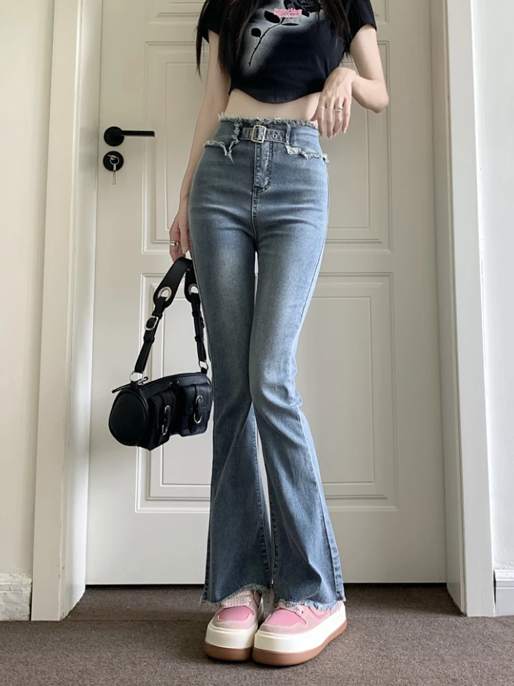 

Blue Elegant Retro Y2K Jeans Women High Waist Casual Vintage Flare Trousers Female Bodycon Korean Fashion Denim Pants Summer New