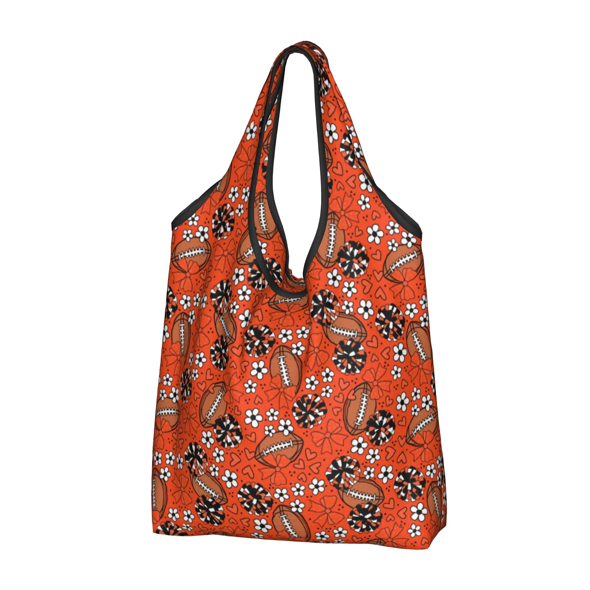 Rugby Union Football Cheer Bows  Groceries Shopping Bags Fashion Shopper Shoulder Tote Bag  Portable Orange And Black Handbag