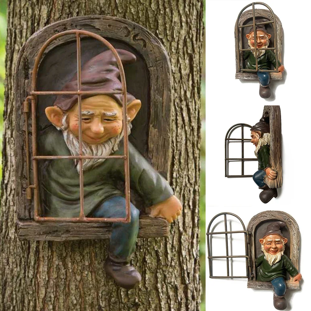 

Funny Garden Gnome Statue, Gnome Sculpture, Elf Out the Door Sculpture , Tree Hugger, Home Yard Decor, Xmans Gift, Naughty Craft